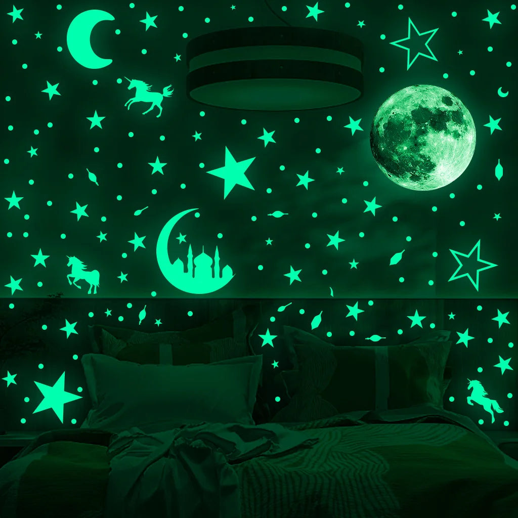 Luminous Moon and Stars Wall Stickers for Kids Room Baby Nursery Home Decoration Wall Decals Glow in the Dark Bedroom Ceiling