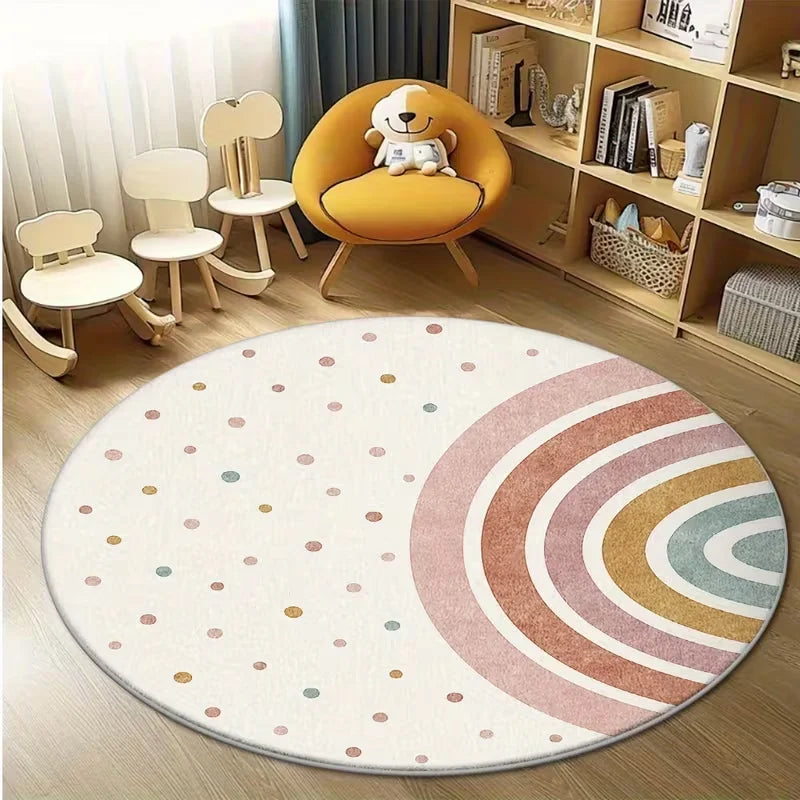 Pastel Dot Rainbow Curve Round Rug Floor Mat Nursery Bedroom Kids Play and Reading Corner Indoor Decor Circle Carpet