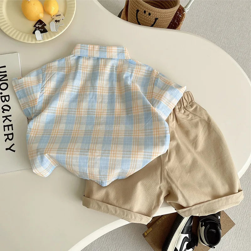 Summer baby boys clothes outfits sets bow tie check shirt shorts suits for infant boys clothing 1 year birthday gentleman sets