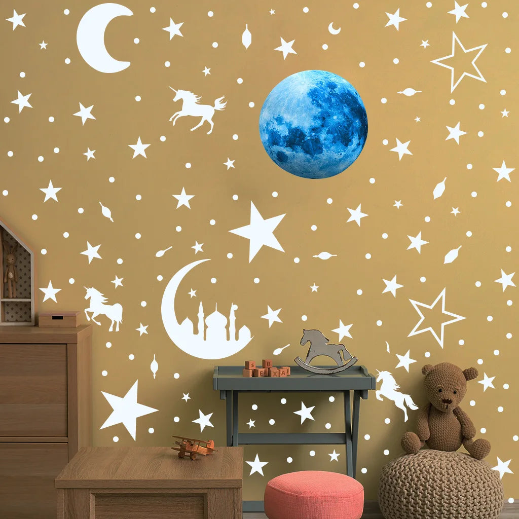 Luminous Moon and Stars Wall Stickers for Kids Room Baby Nursery Home Decoration Wall Decals Glow in the Dark Bedroom Ceiling
