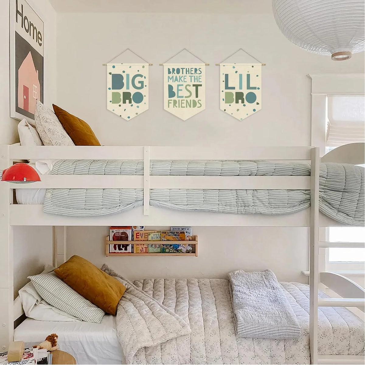 Nursery Decor Canvas Banner,Boy Bedroom Playroom Wall Art Decorations,Boho Twin Room Sign, Big Bro Lil Bro, Sage Green Blue Kids