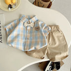 Summer baby boys clothes outfits sets bow tie check shirt shorts suits for infant boys clothing 1 year birthday gentleman sets