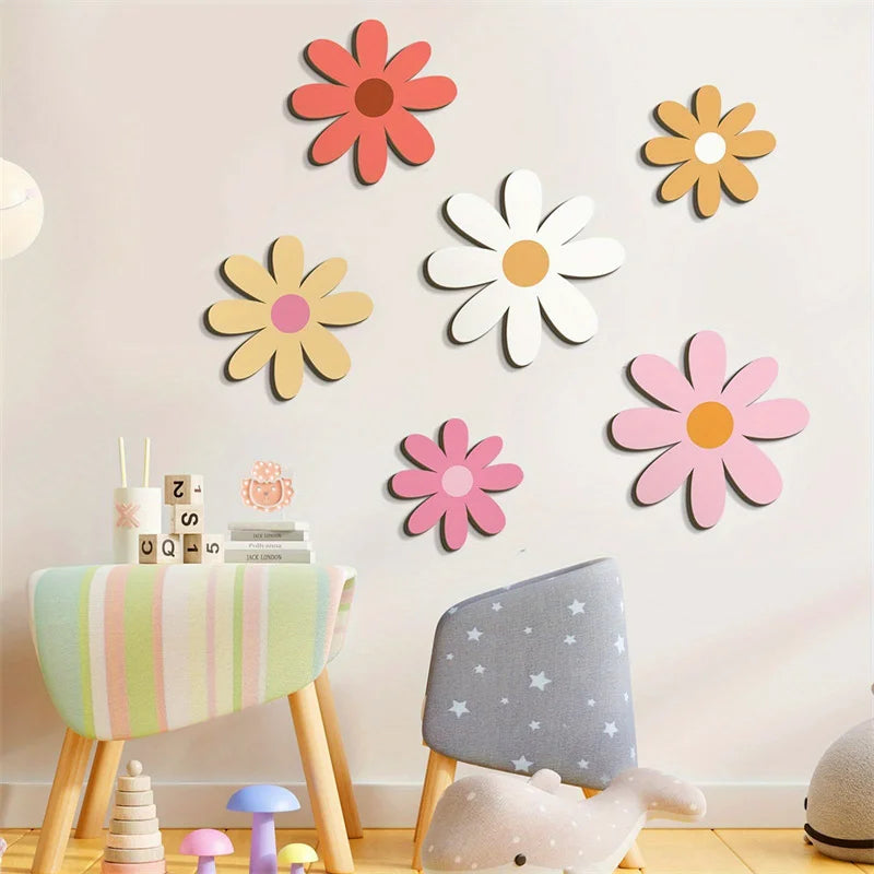 Nordic Wooden Flower Wall Ornaments Kids Room Decoration Boho Wood Daisy Flowers Stickers Crafts Baby Nursery Decor Photo Props