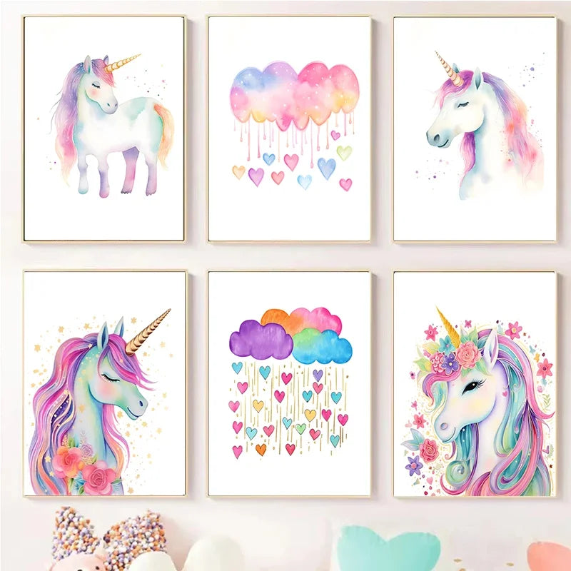 Cartoon Cute Unicorn Nursery Girl Room Pastel Rainbow Art Poster Canvas Painting Wall Prints Picture Children Room Home Decor