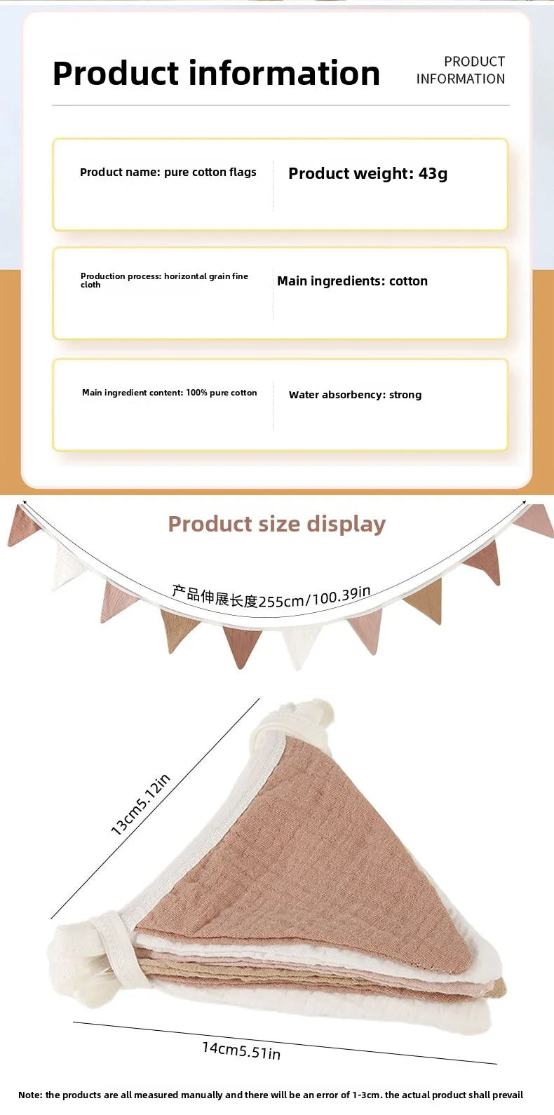 Pennant Banner Flags Nursery Bunting Banner Flags Washable Cotton Fabric Triangle Pennant Garlands for Living Room and Bedroom