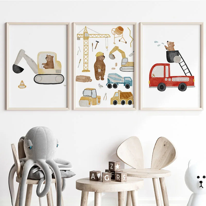 Nursery Wall Art Children's Prints Cartoon Bear Forklift Excavator Car Mud Truck Poster For Kids Room Baby Decor Canvas Painting