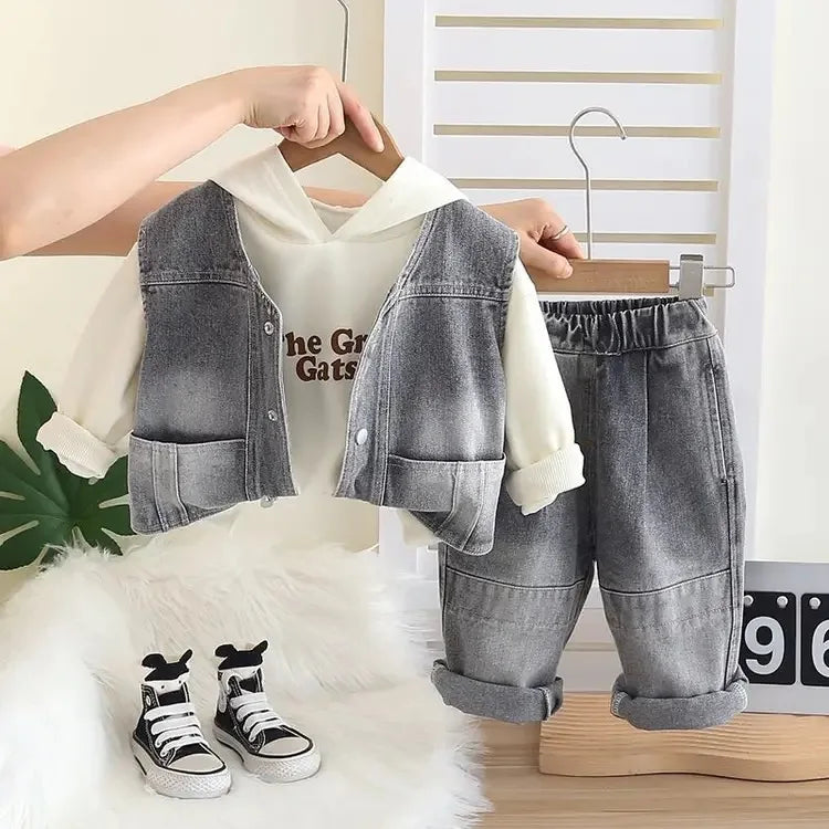 Baby boy clothes spring autumn fashion ripped denim suit letter denim jacket hooded vest + bottoming shirt + pants 3-piece set