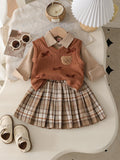 6 9 12 18 24 36 Months Baby Girls Clothing Sets Cute Style Knit Vest + Shirt + Plaid Pleated Skirt 3pcs Baby Suits Kids Clothes
