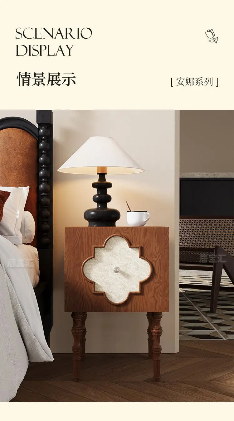 High-end Luxury Antique Bedside Table Ash Wood Artistic Four-leaf Clover Sofa Side Cabinet Bedroom Bedside Cabinet