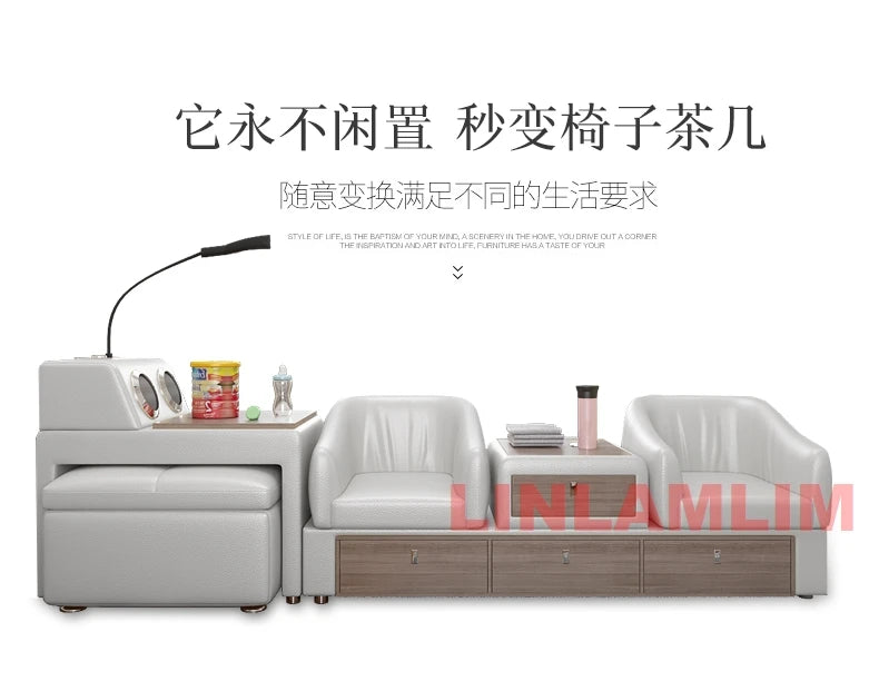 King Size Upholstered Family Bed with Integrated Baby Crib, Drawers, Modern Multifunctional Genuine Leather Platform Bed Frame