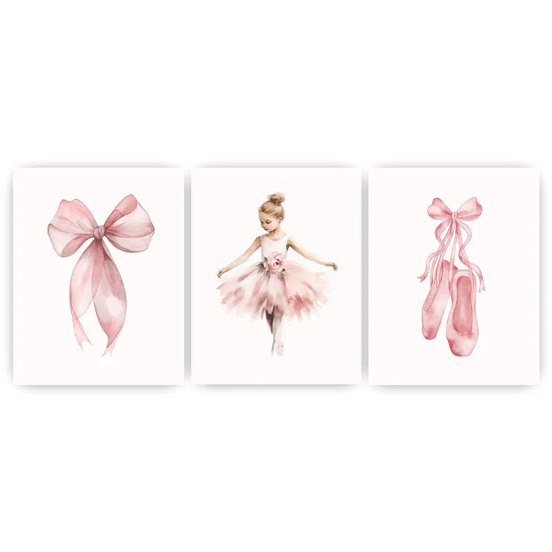Nursery Wall Art, Nordic Cute Pink Ballet Girl Canvas Painting | Baby Poster for Toddler Kids Room Wall Decor