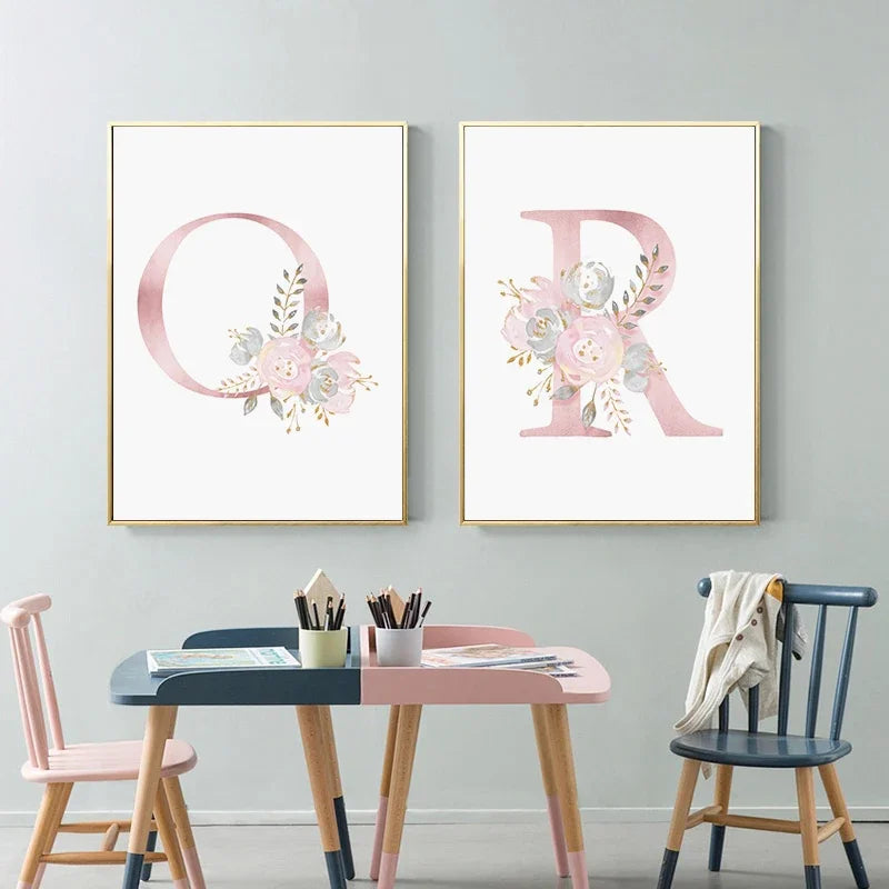 Baby Decoration Bedroom Child Posters Girl's Room Prints Nursery Pink Flower Wall Art Canvas Painting Pictures kids Room Decor