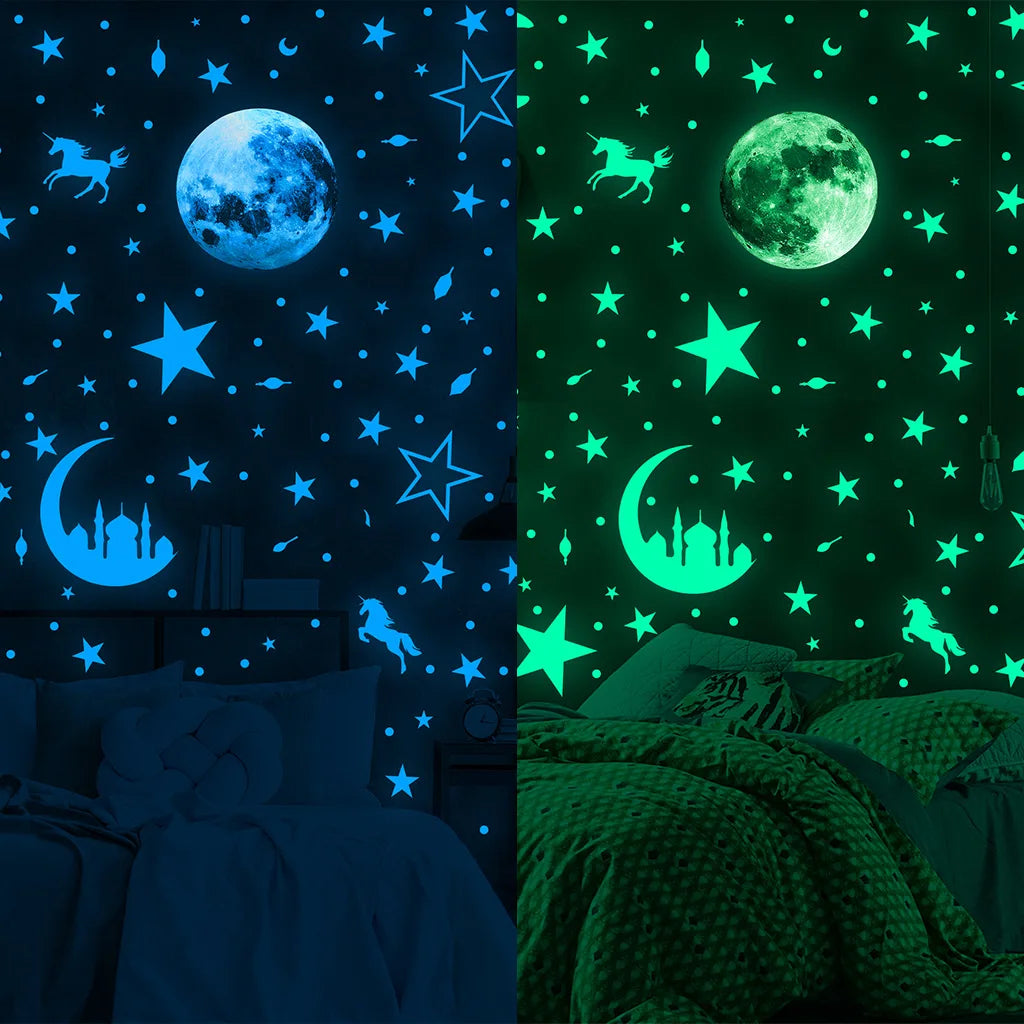 Luminous Moon and Stars Wall Stickers for Kids Room Baby Nursery Home Decoration Wall Decals Glow in the Dark Bedroom Ceiling