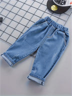 Infant Boys Daily Two Piece Clothes Set Adorable Car Print Long Sleeve Collared Shirt Elastic Waist Blue Denim Pants Suit
