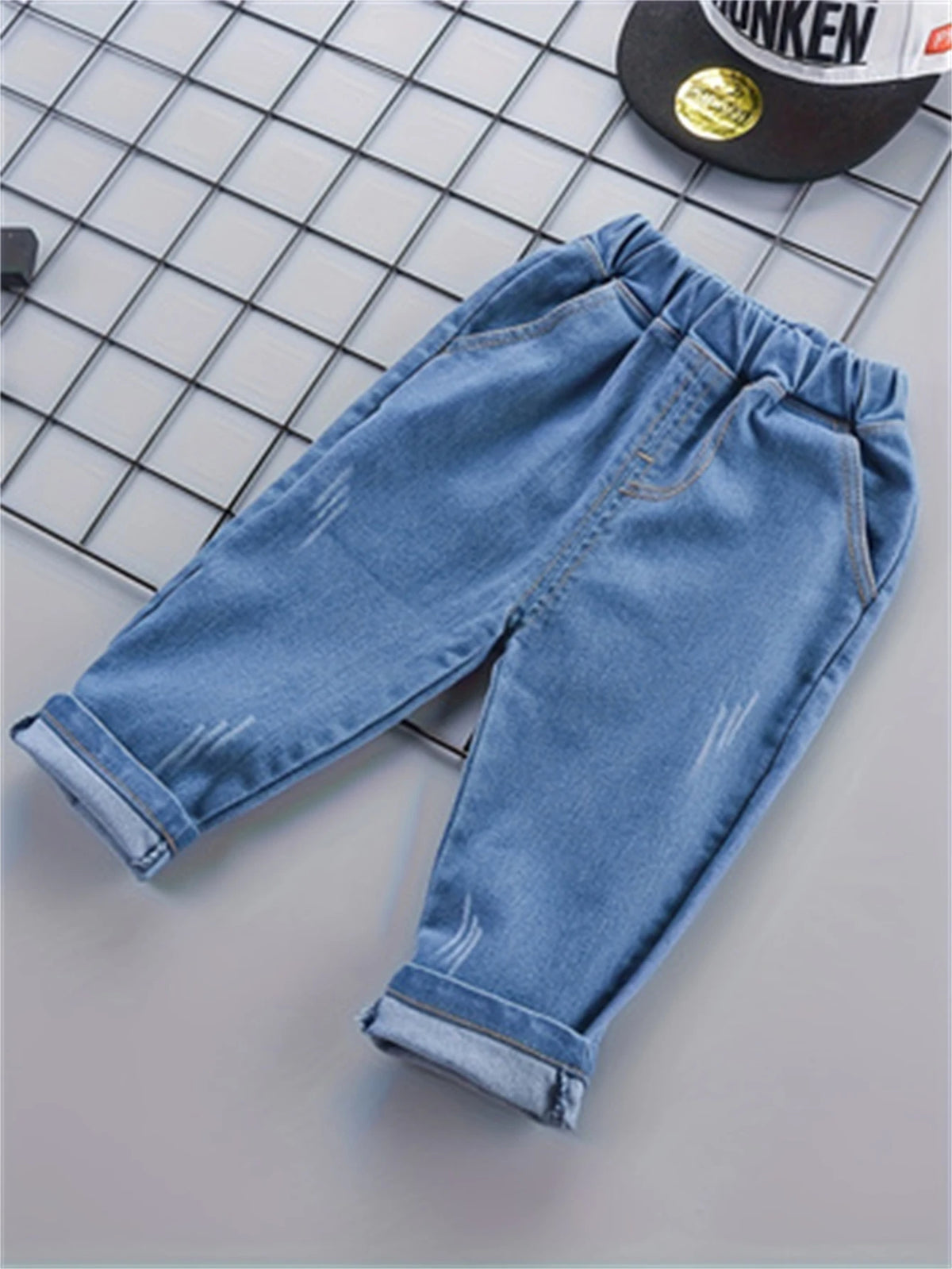 Infant Boys Daily Two Piece Clothes Set Adorable Car Print Long Sleeve Collared Shirt Elastic Waist Blue Denim Pants Suit