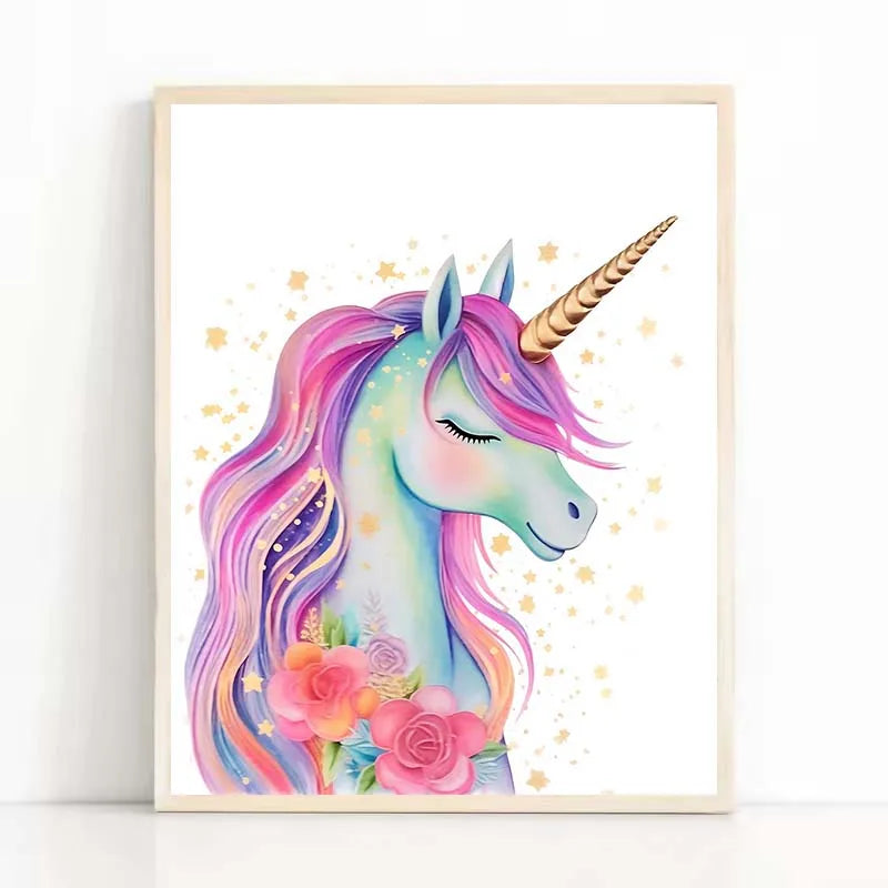 Pink Cartoon Cute Unicorn Nursery Girl Room Rainbow Art Poster Canvas Painting Wall Prints Picture Children Room Home Decor