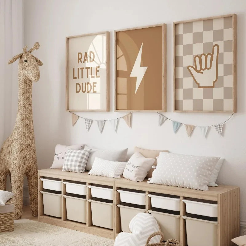 Neutral Nursery Wall Art Checkered Toddler Poster for Baby Boys Room Decor with Surfer Shaka Sign Lightning Bolt Kids Design