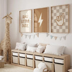 Neutral Nursery Wall Art Checkered Toddler Poster for Baby Boys Room Decor with Surfer Shaka Sign Lightning Bolt Kids Design