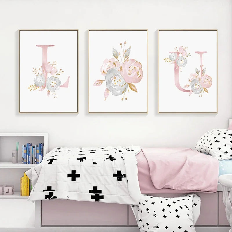 Baby Decoration Bedroom Child Posters Girl's Room Prints Nursery Pink Flower Wall Art Canvas Painting Pictures kids Room Decor