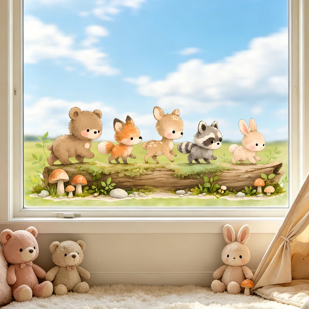Nursery Forest Animals Window Sticker Removable Static Cling Glass Film for Baby Room Bedroom Playroom Cute Cartoon Home Decor