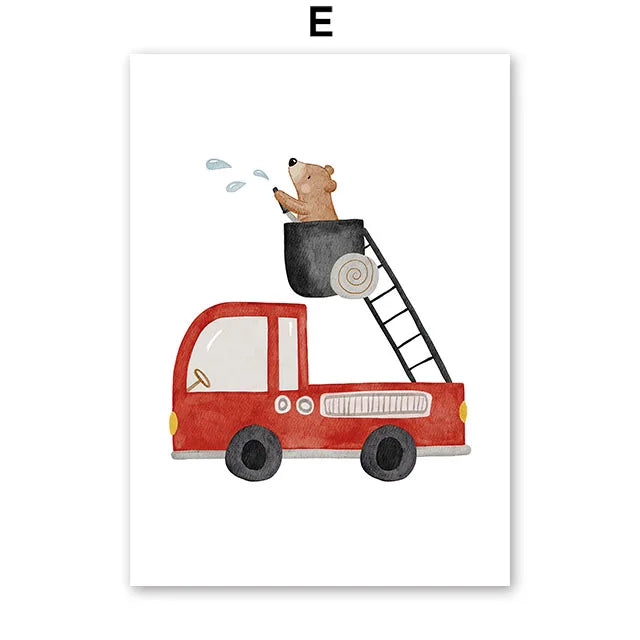 Nursery Wall Art Children's Prints Cartoon Bear Forklift Excavator Car Mud Truck Poster For Kids Room Baby Decor Canvas Painting