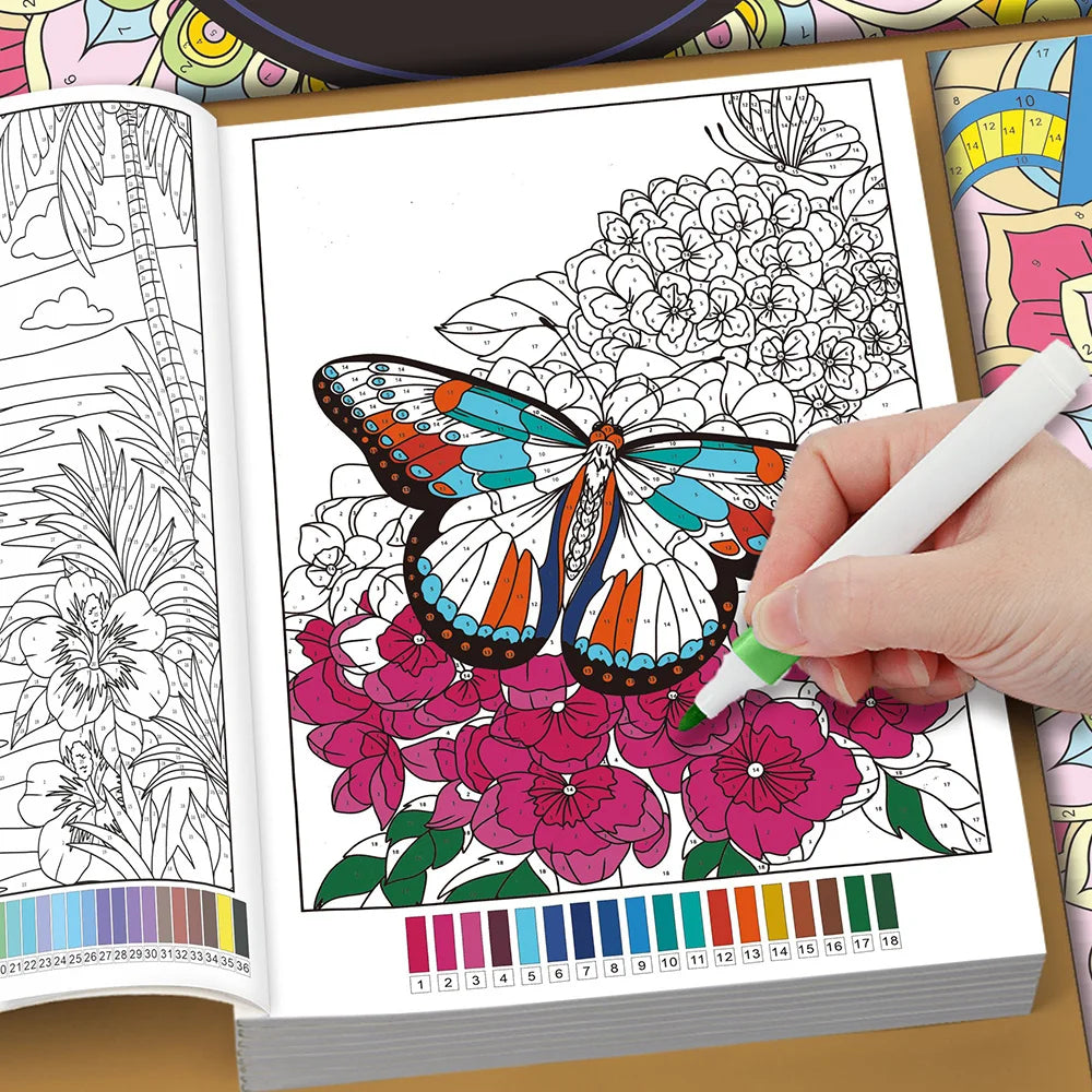 32 Themes Color by Number Book for Adults, Relax Coloring Book with Various Detailed Animal, Flower and Landscape Patterns