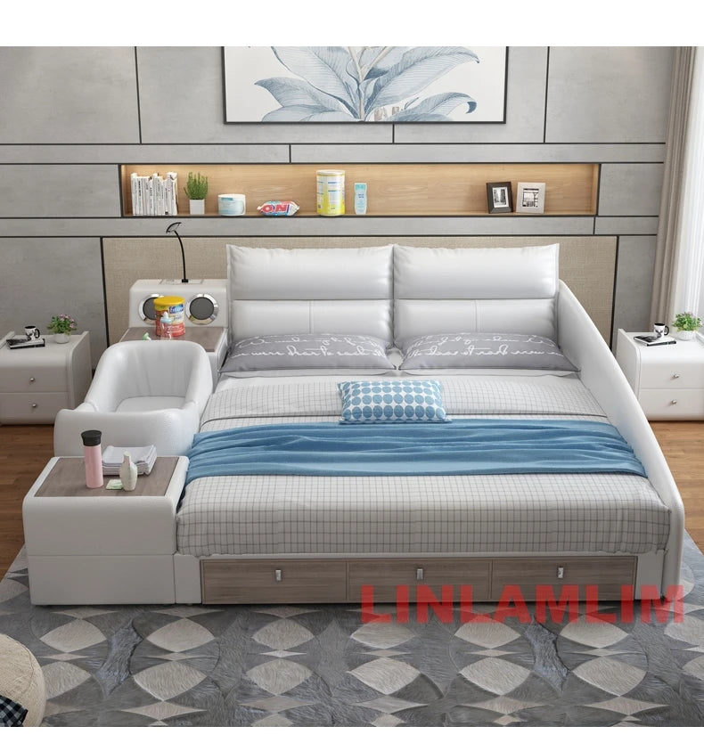 King Size Upholstered Family Bed with Integrated Baby Crib, Drawers, Modern Multifunctional Genuine Leather Platform Bed Frame