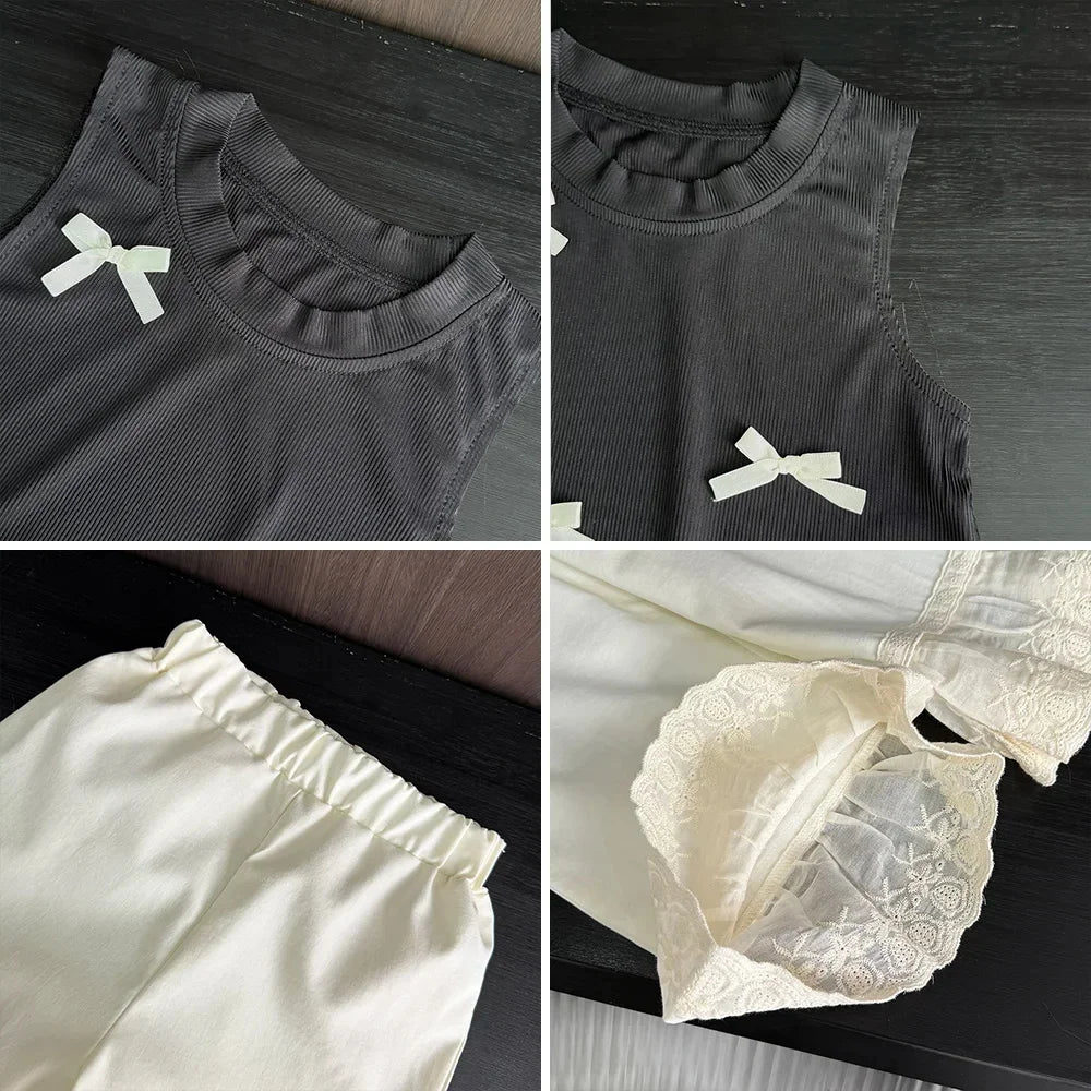 Baby Summer Clothes 2025 Children's Clothing Set Bow Black Sleeveless Vest Top+Pants Two-Piece Outfit Suits Casual Girls Clothes