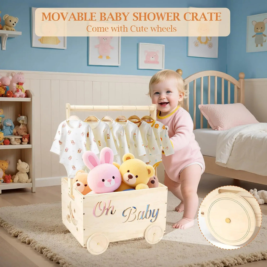 Wooden Baby Shower Crate Closet with Wheels Creative DIY Baby Shower Present Basket with 6 Hangers for Clothes Toys New Mum Gift
