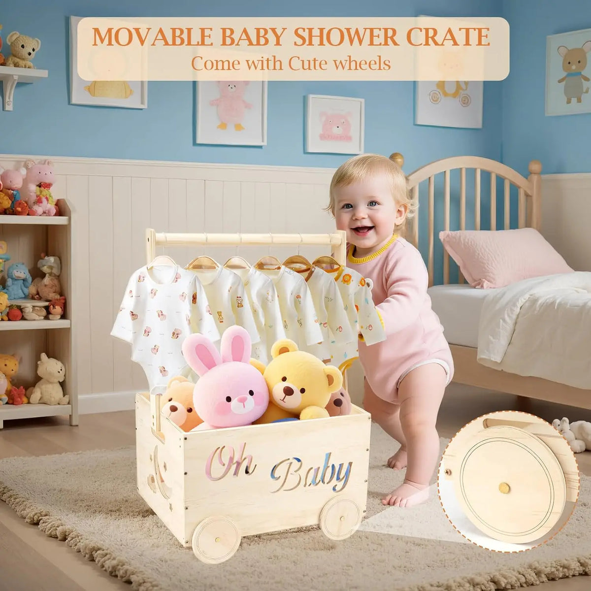 Wooden Baby Shower Crate Closet with Wheels Creative DIY Baby Shower Present Basket with 6 Hangers for Clothes Toys New Mum Gift