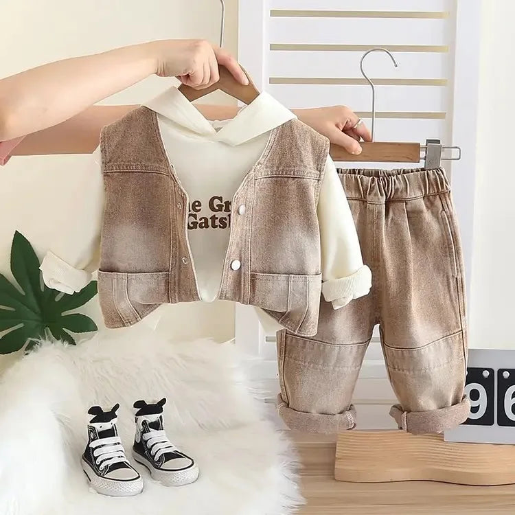Baby boy clothes spring autumn fashion ripped denim suit letter denim jacket hooded vest + bottoming shirt + pants 3-piece set