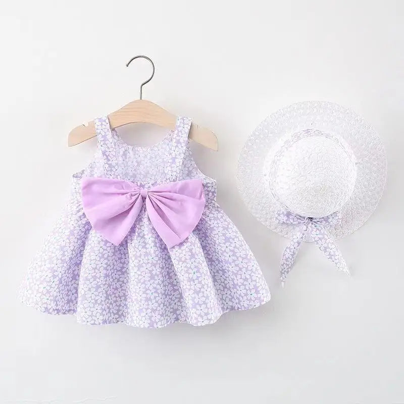 0-3-Year-Old Baby Clothes Summer Seaside Vacation Children's Dress Floral Sleeveless Bow Girl Princess Dress+Hat