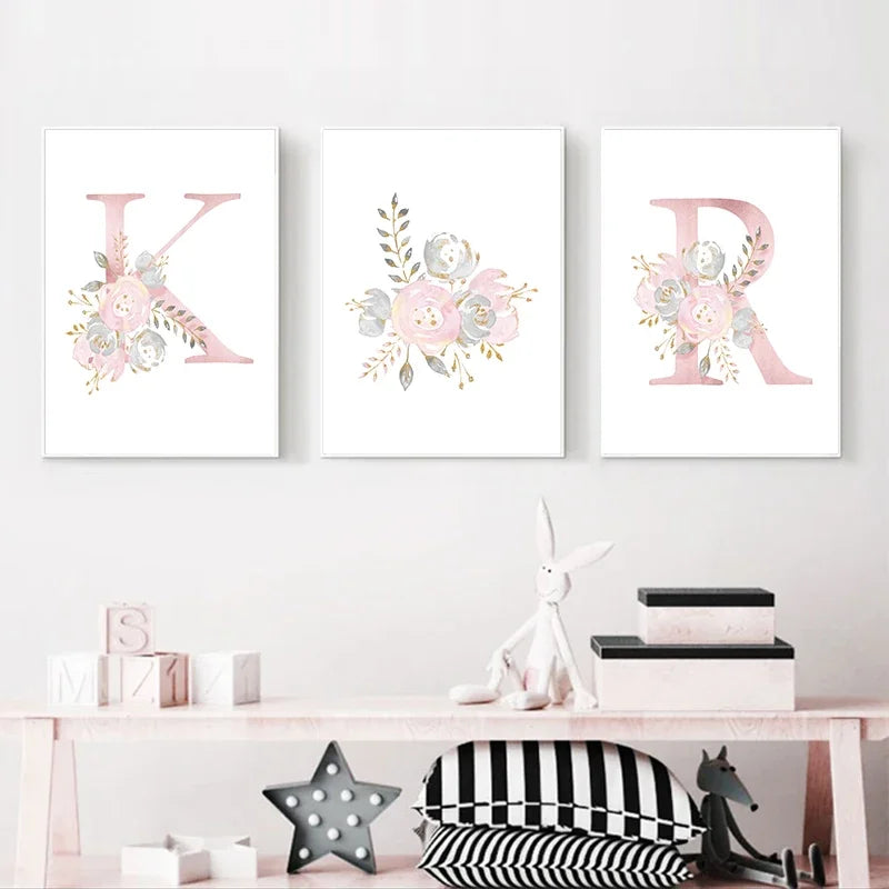 Baby Decoration Bedroom Child Posters Girl's Room Prints Nursery Pink Flower Wall Art Canvas Painting Pictures kids Room Decor