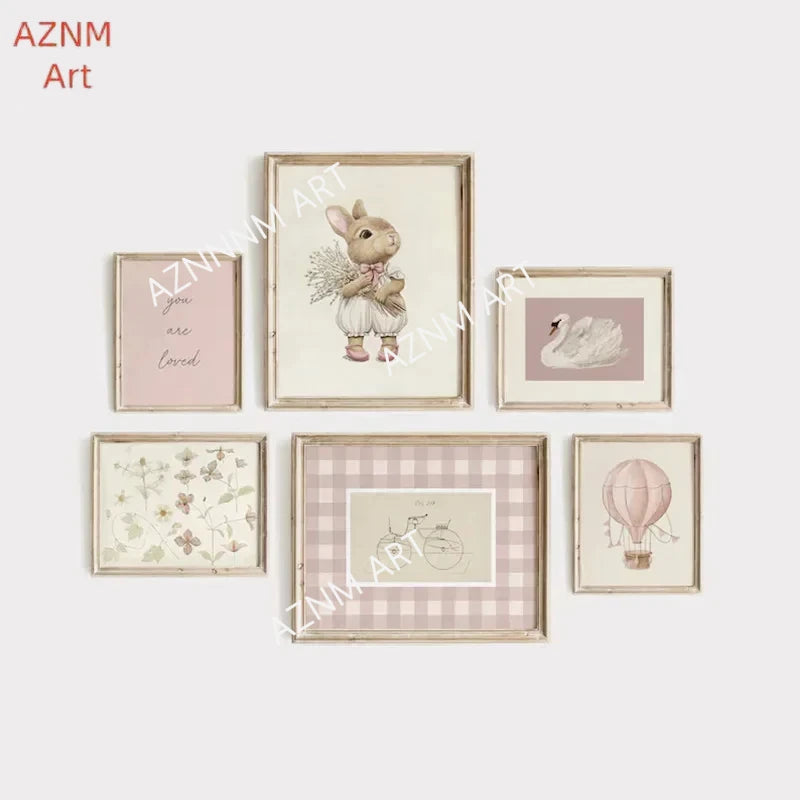 Pink Nursery Gallery Art Wall Poster Vintage Kids Room Swan Rabbit Canvas Painting Light Color Dorm Room Aesthetic Wall Art