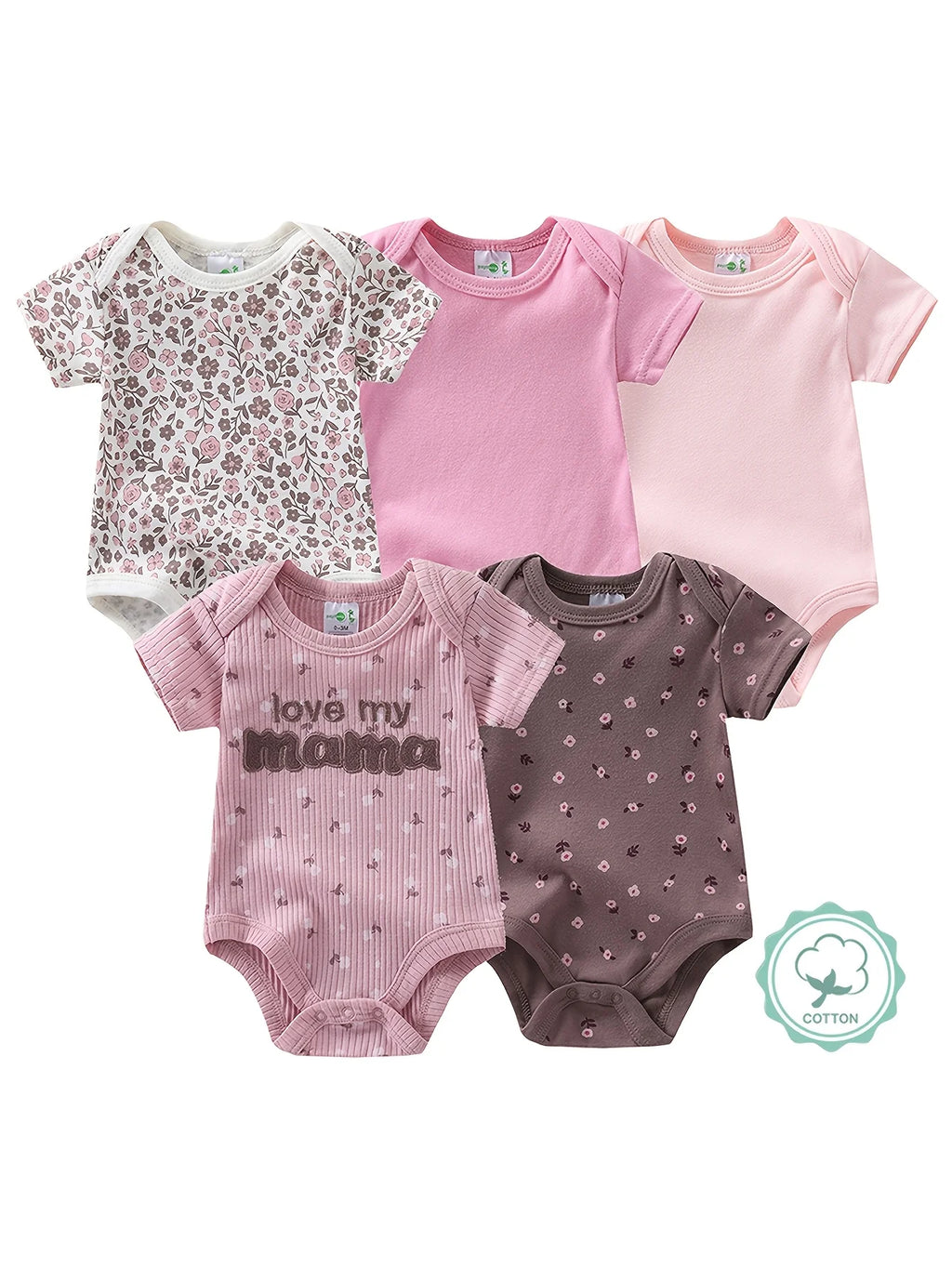 5pcs Baby Girl Short Sleeve Jumpsuit, Cotton