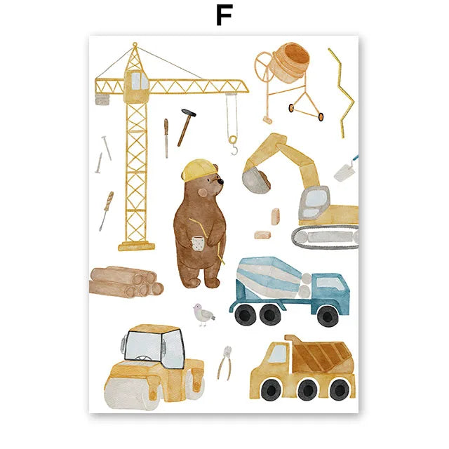 Nursery Wall Art Children's Prints Cartoon Bear Forklift Excavator Car Mud Truck Poster For Kids Room Baby Decor Canvas Painting