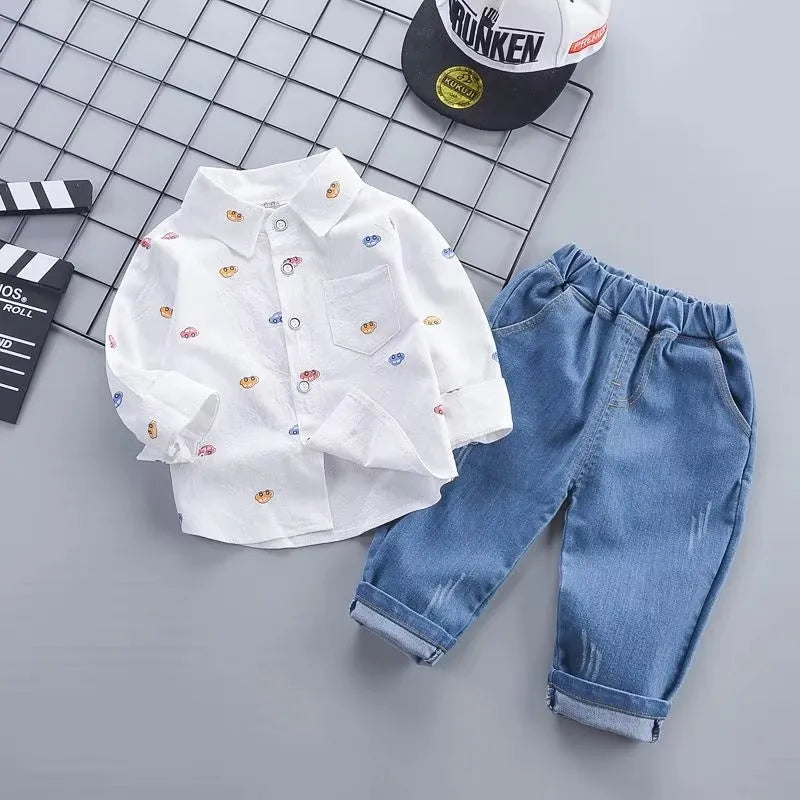 Infant Boys Daily Two Piece Clothes Set Adorable Car Print Long Sleeve Collared Shirt Elastic Waist Blue Denim Pants Suit