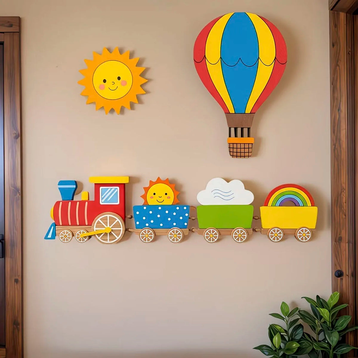Cute cartoon Wooden Wall Decor Set for Nursery. Nano Tape Included, No Drilling Needed for Kids Bedroom Decoration.