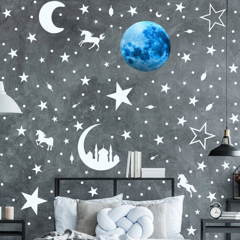 Luminous Moon and Stars Wall Stickers for Kids Room Baby Nursery Home Decoration Wall Decals Glow in the Dark Bedroom Ceiling