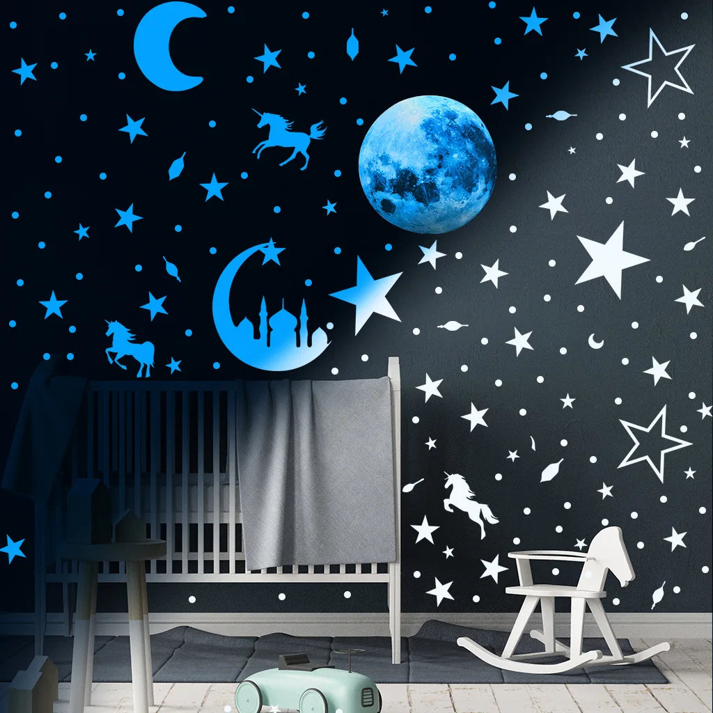 Luminous Moon and Stars Wall Stickers for Kids Room Baby Nursery Home Decoration Wall Decals Glow in the Dark Bedroom Ceiling