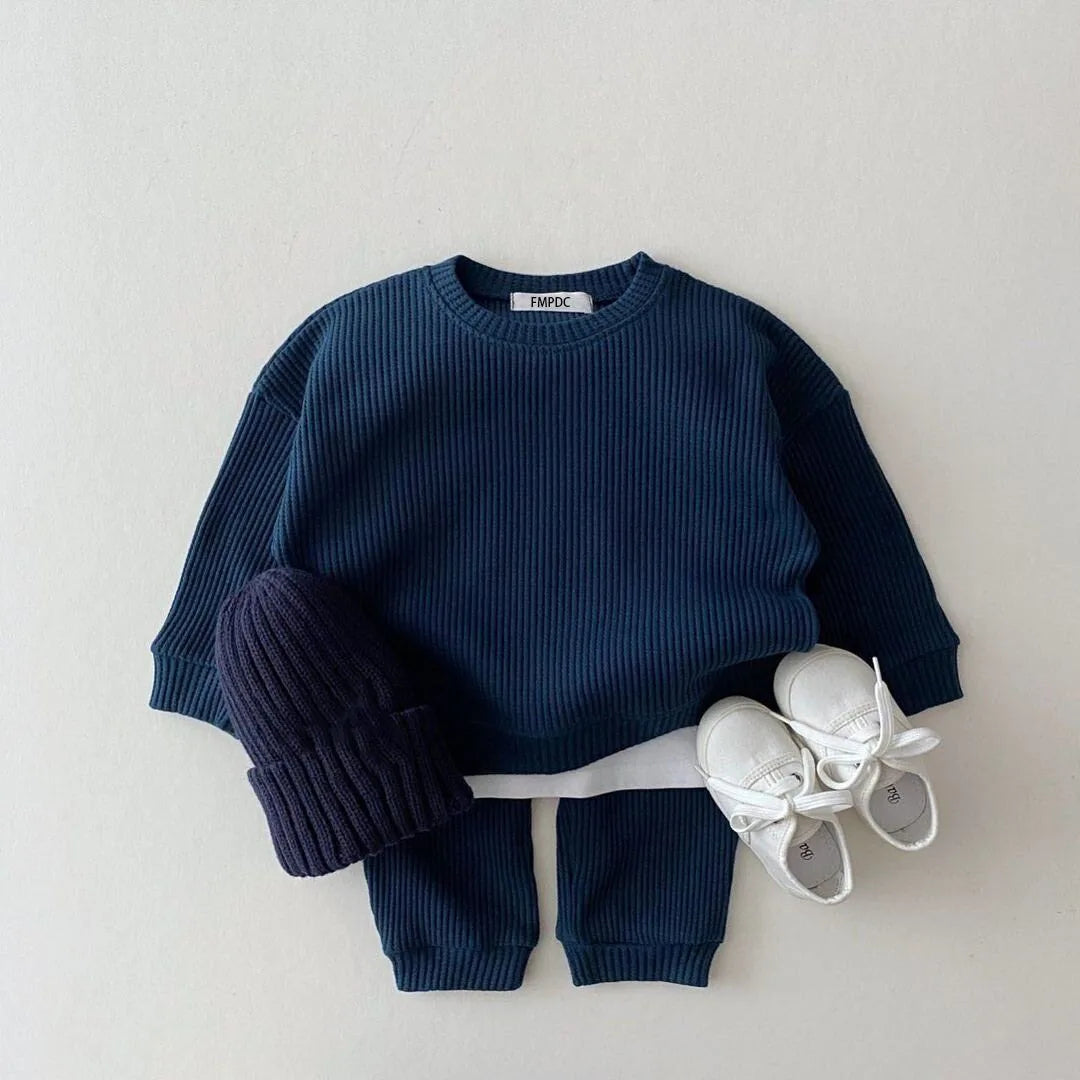 Baby Girls Clothes Autumn Cotton Kintting Clothing Sets Mock 2PCS Waffle Cotton Kids BoysSets Tracksuit Tops+Pants Korean