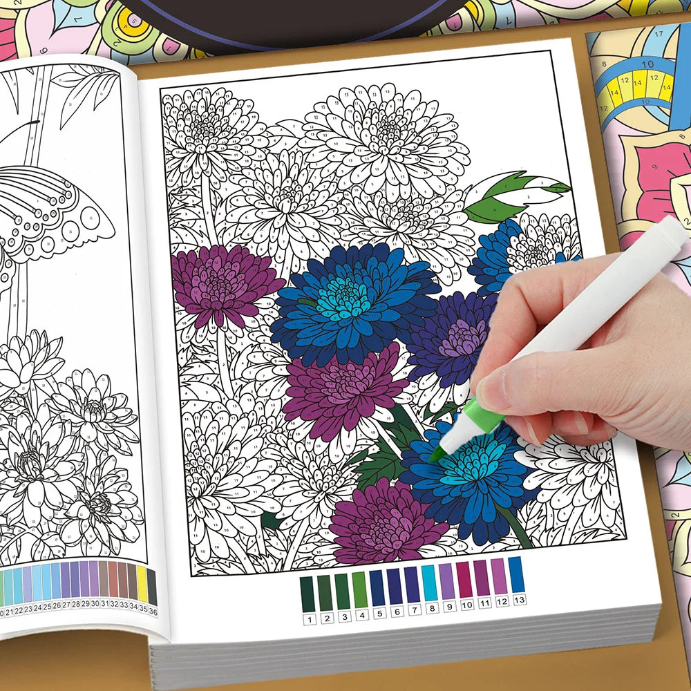 32 Themes Color by Number Book for Adults, Relax Coloring Book with Various Detailed Animal, Flower and Landscape Patterns