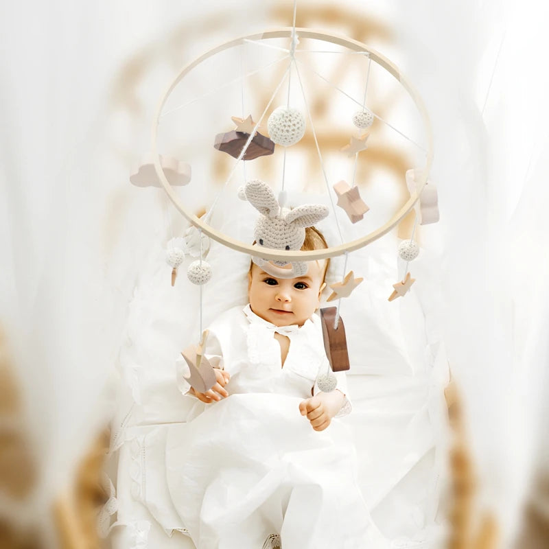 Wooden Rattles Toys Baby Crib Mobile Bed Bell Soft Felt Hot Balloon Newborn Music Bed Bell Hanging Toys Crib Bracket Baby Gifts