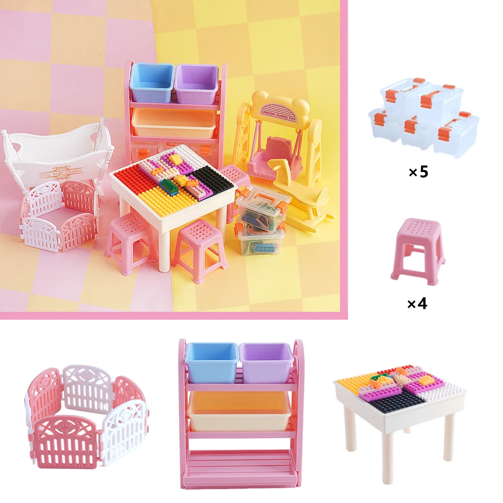Miniature DIY Block Set Dollhouse Furniture Baby Crilb Rocking Horse Mini Building Blocks Storage Rack Play House Toy